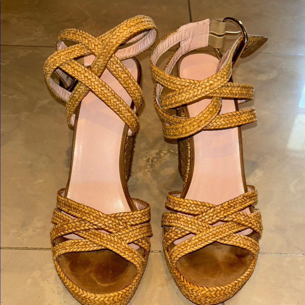 Stuart Weitzman Tan Espadrille Sandals with Braided Straps